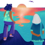 Purposeful graphic of two women overlooking a sunset over water