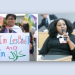 Two LBQ women activists side to side, one speaking into a microphone and one holding a sign