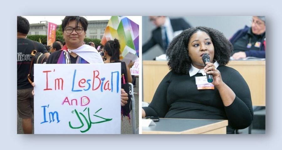 Two LBQ women activists side to side, one speaking into a microphone and one holding a sign